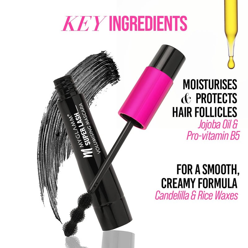 MyGlamm Super Lash Volumising Mascara Black Shade Waterproof Long Lasting High Volumising Curling Eye Mascara with Bubble Wand 9ml