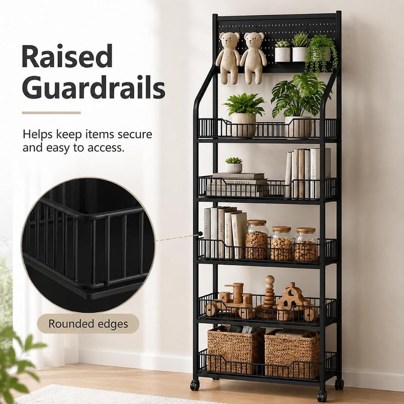 Bentifar 5-Tier Rolling Fruit and Vegetable Rack with Wheels, Heavy Duty Metal Storage Cart, Wire Basket Display Shelf for Snacks, Kitchen, Pantry, Supermarket and Grocery Store - Image 3