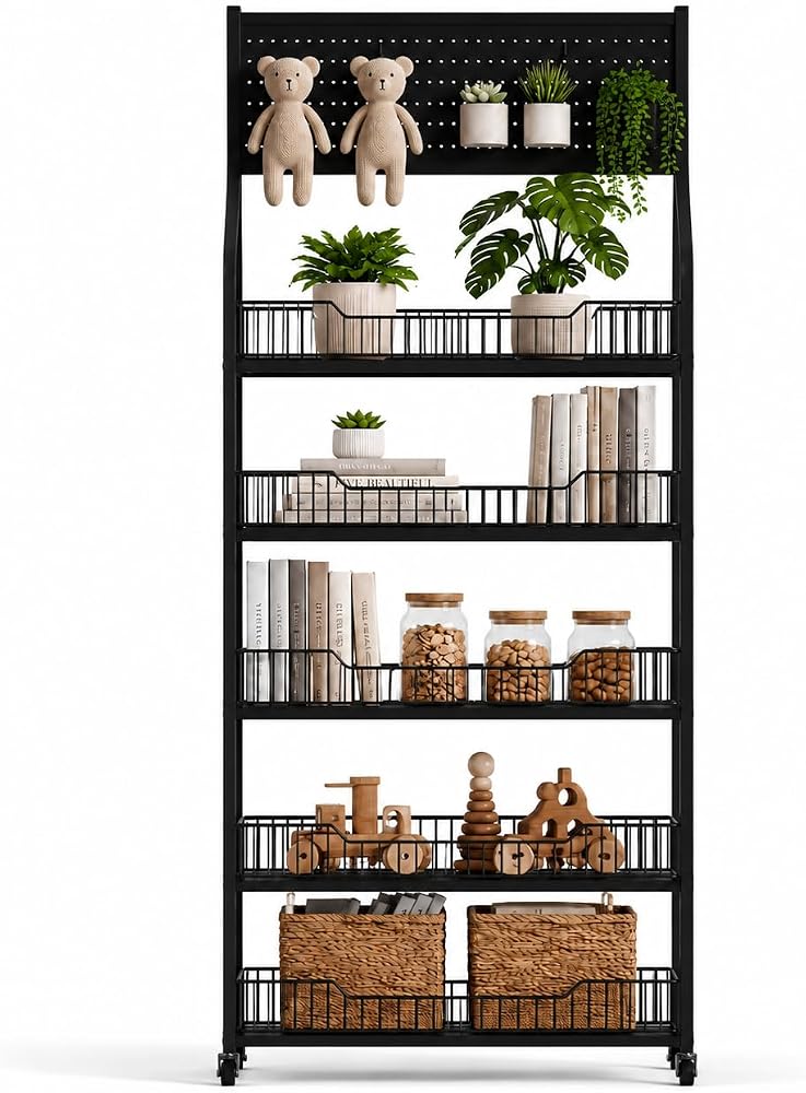 Bentifar 5-Tier Rolling Fruit and Vegetable Rack with Wheels, Heavy Duty Metal Storage Cart, Wire Basket Display Shelf for Snacks, Kitchen, Pantry, Supermarket and Grocery Store - Image 1