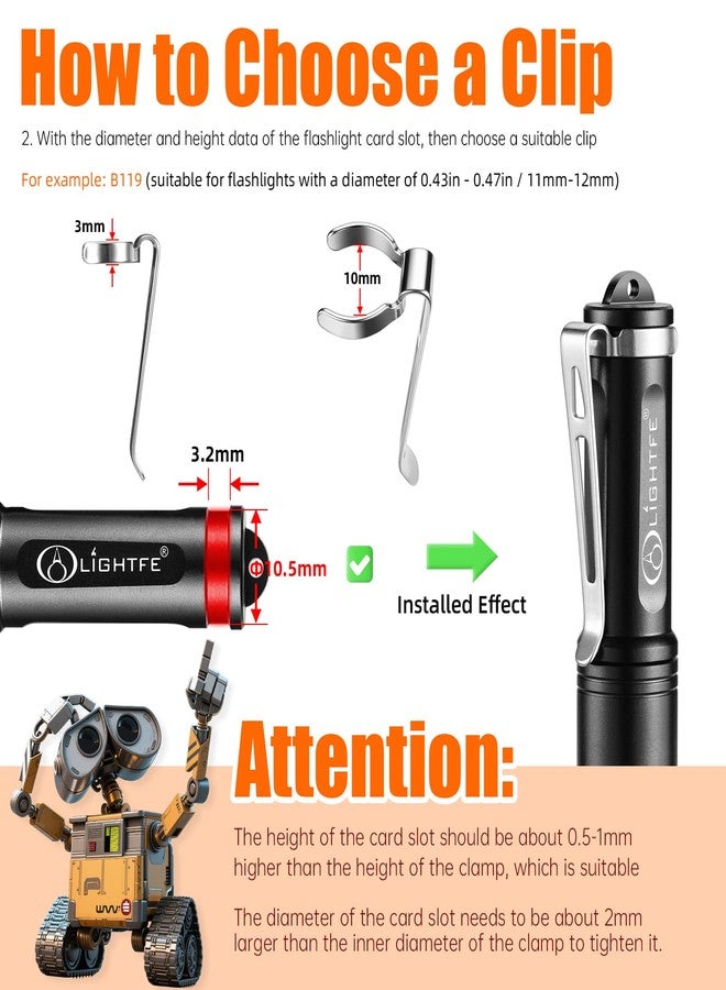 LIGHTFE B119 Flashlight Clip for 11-12 mm Diameter and 3-3.4 mm Slot Width - Stainless Steel Pen Clip for Hat, Pocket, or Bag Use - Image 4