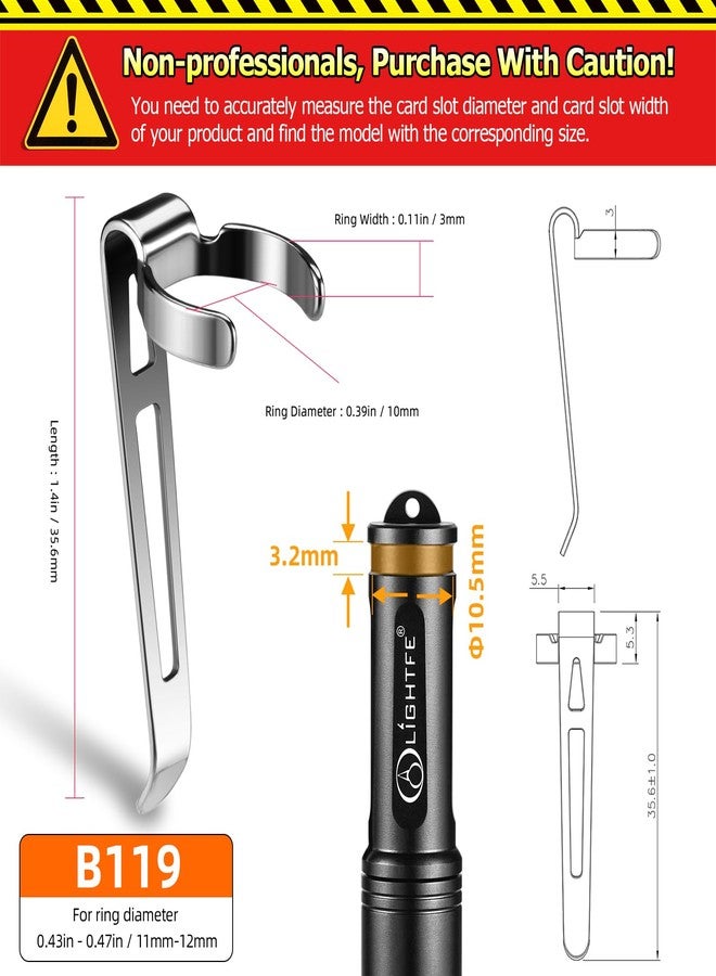 LIGHTFE B119 Flashlight Clip for 11-12 mm Diameter and 3-3.4 mm Slot Width - Stainless Steel Pen Clip for Hat, Pocket, or Bag Use - Image 2