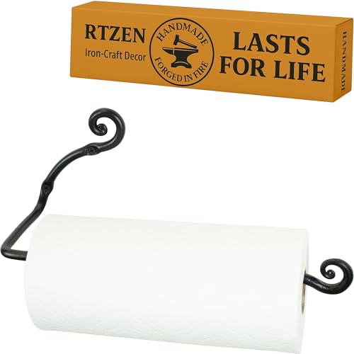 RTZEN Horizontal Black Paper Towel Holder - Handcrafted Rustic Metal Decorative Wrought Iron Decor - Farmhouse Wall Mount Paper Towel Holder for Kitchen or Bathroom - Image 1