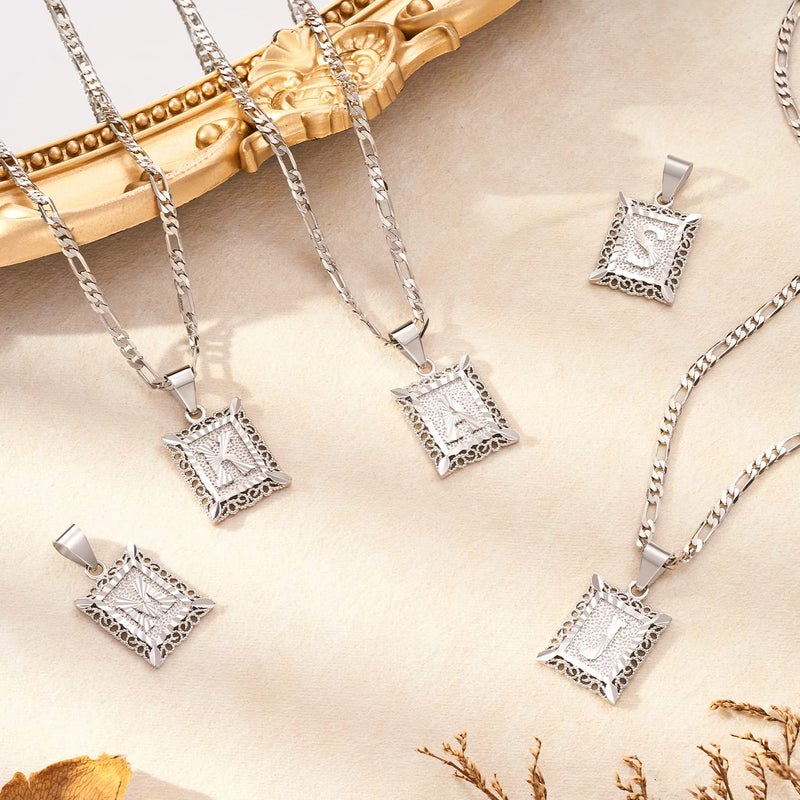KissYan Initial Letter Pendant Necklace for Men Women, White Gold Plated Square Capital Monogram Necklace Alphabets from A-Z Figaro Chain Jewelry (White Gold J) - Image 4