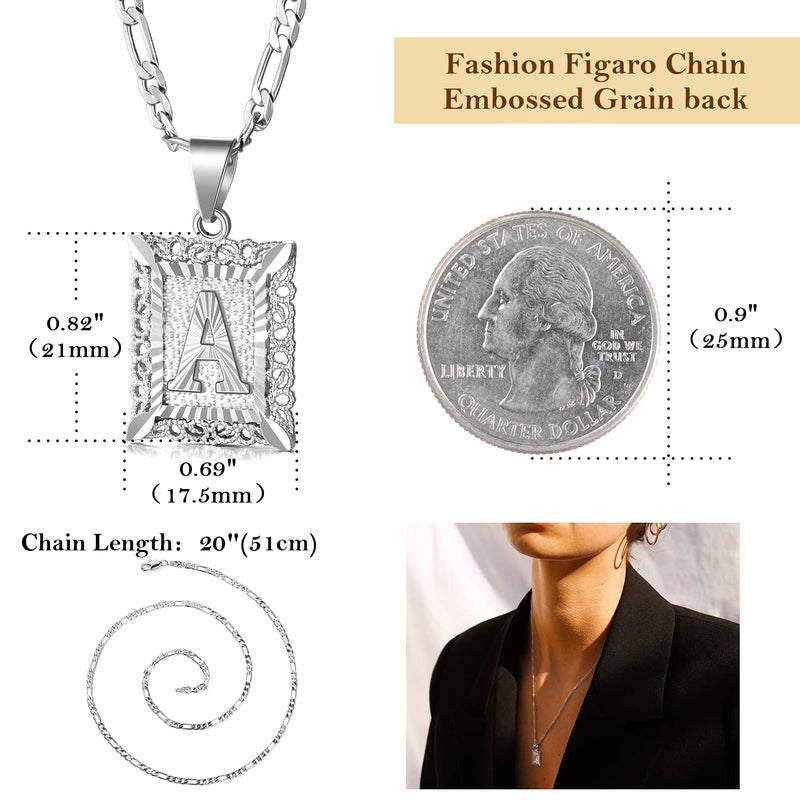 KissYan Initial Letter Pendant Necklace for Men Women, White Gold Plated Square Capital Monogram Necklace Alphabets from A-Z Figaro Chain Jewelry (White Gold J) - Image 5