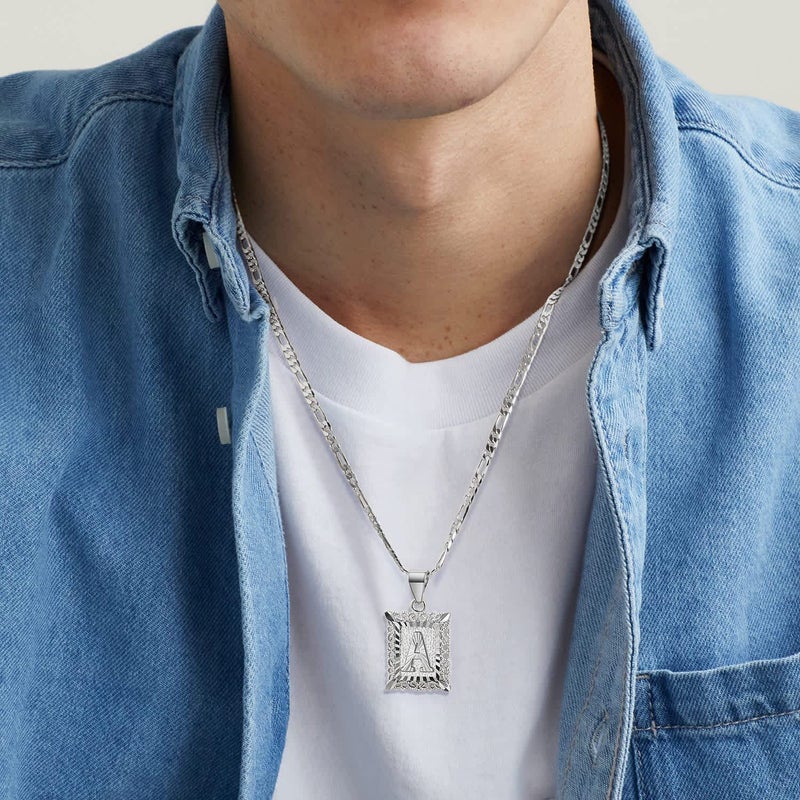 KissYan Initial Letter Pendant Necklace for Men Women, White Gold Plated Square Capital Monogram Necklace Alphabets from A-Z Figaro Chain Jewelry (White Gold J) - Image 2