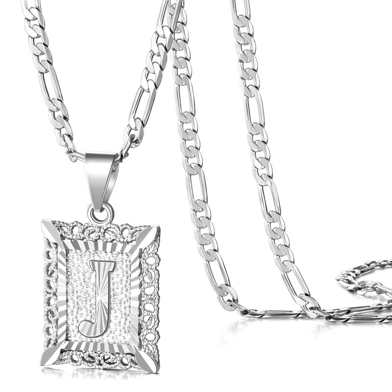 KissYan Initial Letter Pendant Necklace for Men Women, White Gold Plated Square Capital Monogram Necklace Alphabets from A-Z Figaro Chain Jewelry (White Gold J) - Image 1