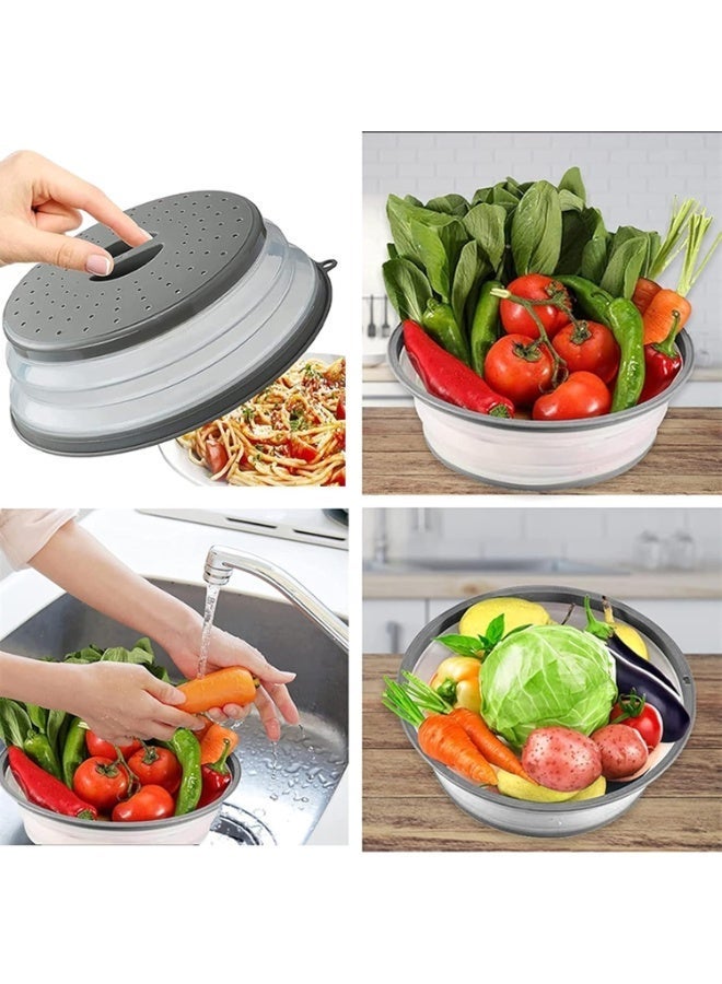 HOMESTAR Foldable Microwave Splatter Cover - Multi-Function Anti-Splash Foldable Lid, High-Transparency TPR Material, Oil-Resistant Splatter Guard Foldable Gray Heating Cover, Vented & Dishwasher Safe – Doubles as Fruit Drainer Basket & Colander – Kitchen Gadget for Meal Prep & Reheating, 27 cm - Image 3