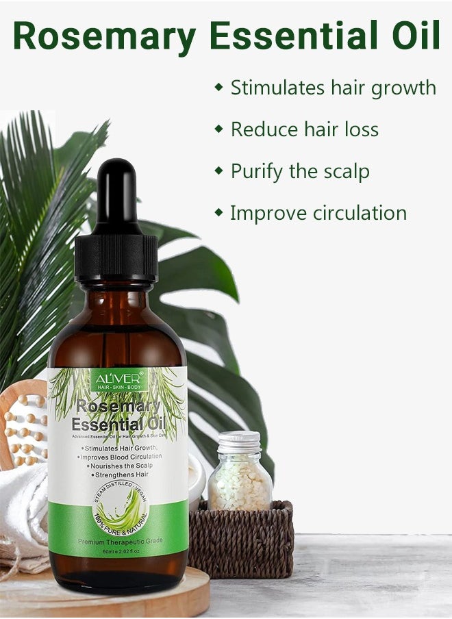 ALIVER - 2 Pcs Rosemary Essential Oil for Hair Growth Pure Organic Rosemary Oil for Dry Damaged Hair and Growth Hair Scalp Oil Hair Loss Treatment Oil for Men and Women 60ml x 2 - Image 1
