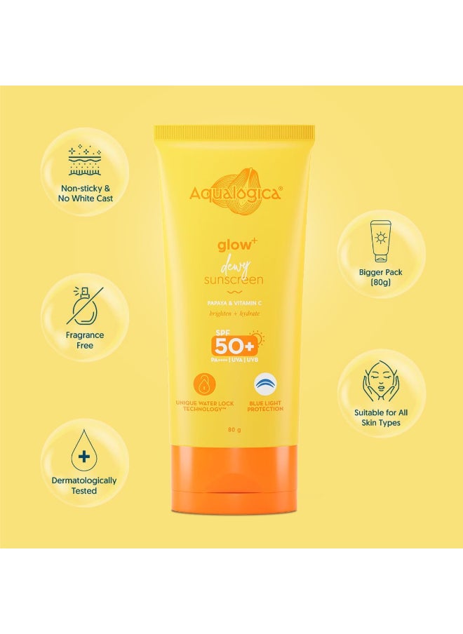 Aqualogica Glow+ Dewy Lightweight And Hydrating Sunscreen with SPF 50+ And PA++++ for UVA/B And Blue Light Protection And No White Cast for Men And Women -Oily, Combination And Glowing Skin -80g  - Image 2