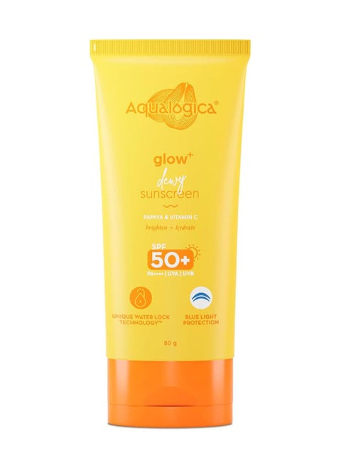 Glow+ Dewy Lightweight And Hydrating Sunscreen with SPF 50+ And PA++++ for UVA/B And Blue Light Protection And No White Cast for Men And Women -Oily, Combination And Glowing Skin -80g