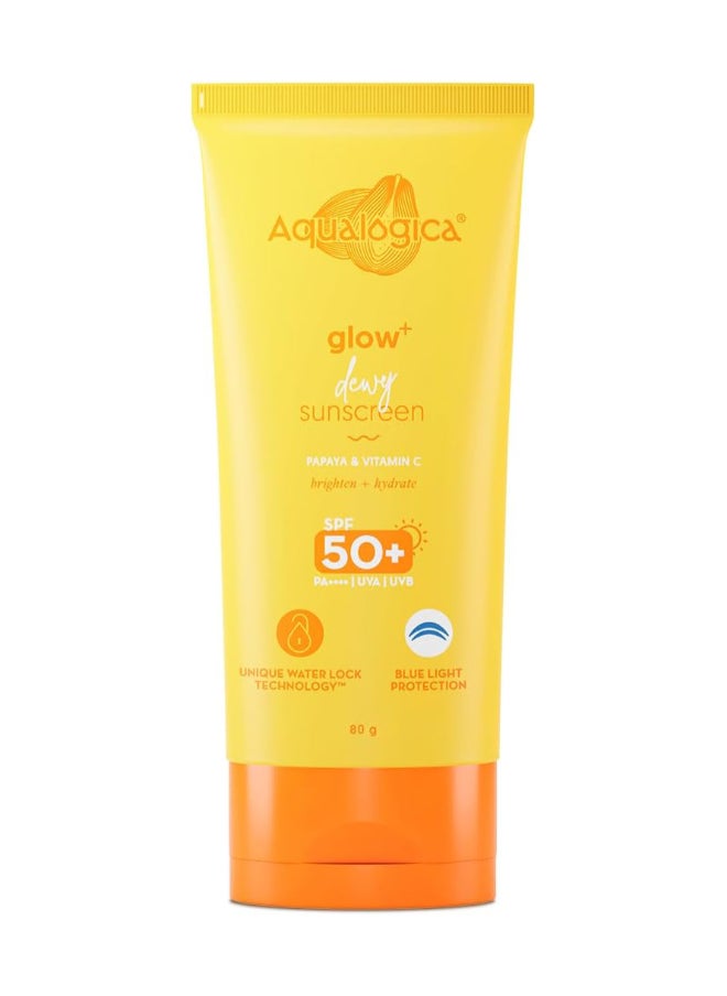 Aqualogica Glow+ Dewy Lightweight And Hydrating Sunscreen with SPF 50+ And PA++++ for UVA/B And Blue Light Protection And No White Cast for Men And Women -Oily, Combination And Glowing Skin -80g  - Image 1