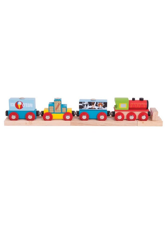 Bigjigs Rail Bigjigs Rail Wooden Goods Train Toy - Train with 3 Carriages & Removable Freight, Comes with 2 Wooden Train Track Pieces & a Buffer, Compatible with Most Wooden Train Sets  - Image 1