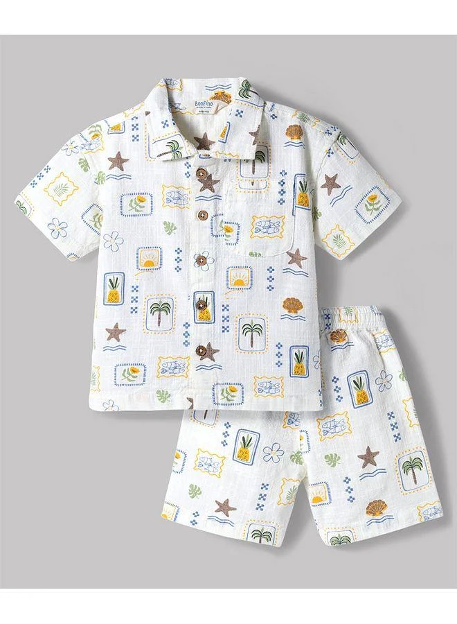 Bonfino Bonfino 100% Cotton Woven Half Sleeves Co-ord Resort Collar Shirt & Short Set With Tropical Theme - White
