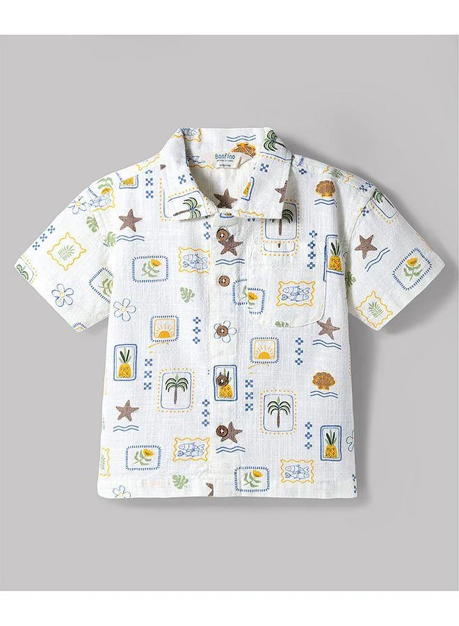 Bonfino Bonfino 100% Cotton Woven Half Sleeves Co-ord Resort Collar Shirt & Short Set With Tropical Theme - White