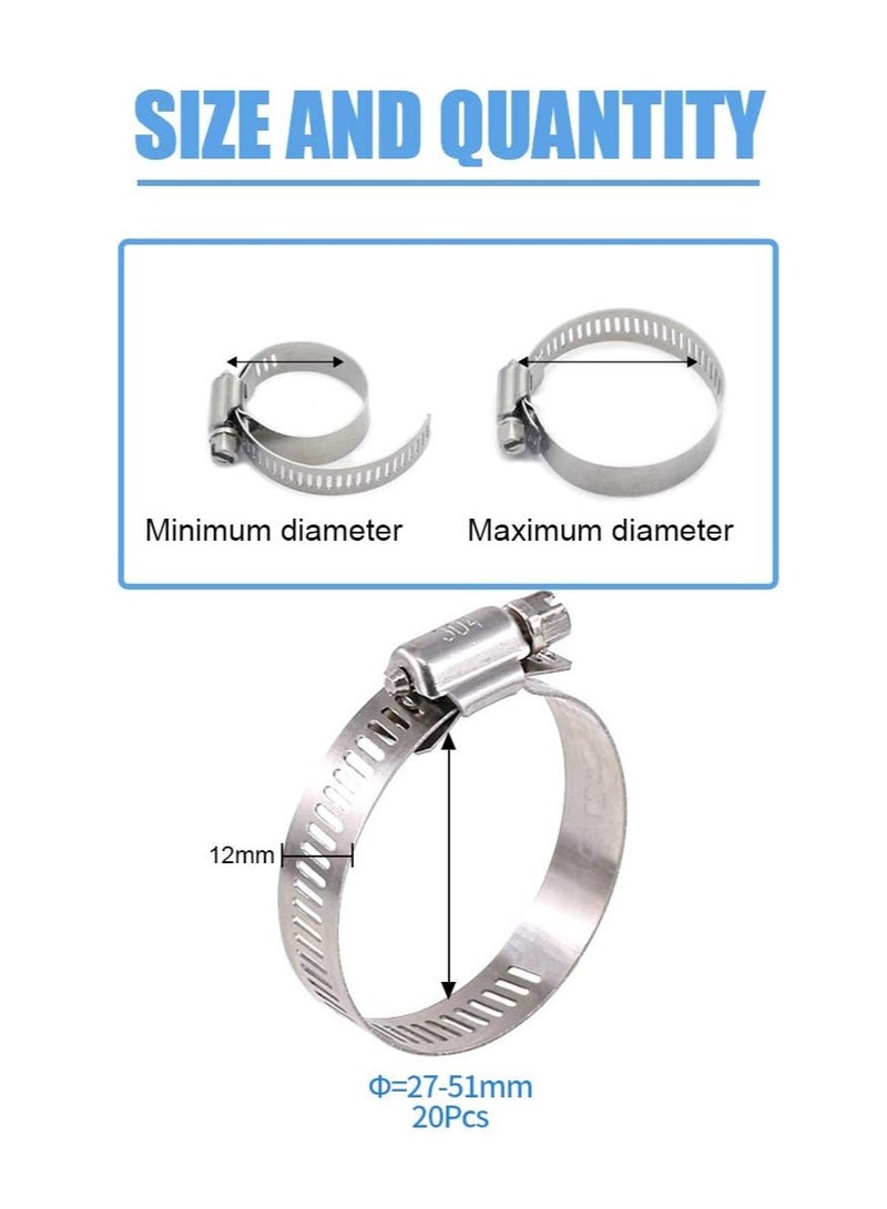 Generic 20 Pieces 304 Stainless Steel Adjustable 27-51mm Range Worm Gear Hose Clamp Combo Kit, Fuel Pipe Clamps for Water Pipe, Pipeline, Automotive and Mechanical Applications (27-51mm) - Image 2