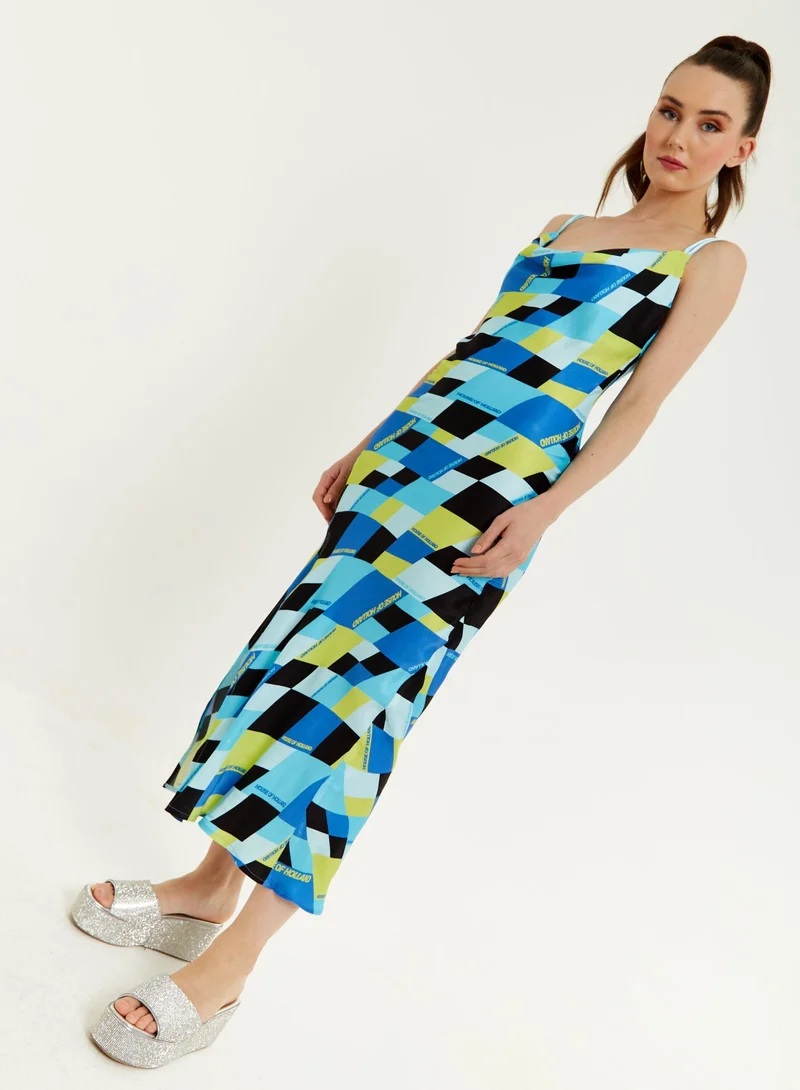 house of holland Blue & Black Print Cowl Neck Midi Dress