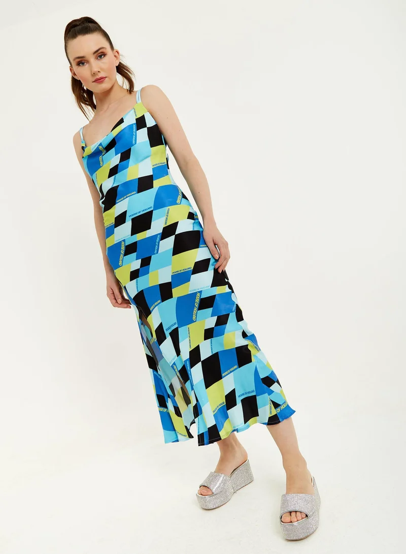 house of holland Blue & Black Print Cowl Neck Midi Dress