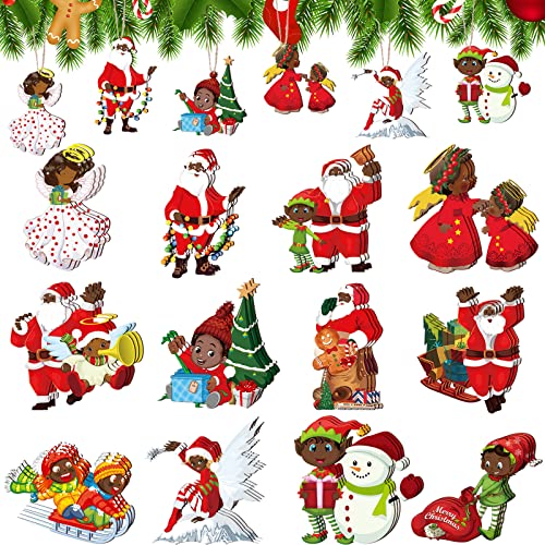 Woanger 36 Pcs African American Christmas Decorations 4 Inch Black Wood Santa Christmas Tree Ornaments Vintage Hanging Wooden Santa Rustic Ornament for Xmas Party Decor - Image 1