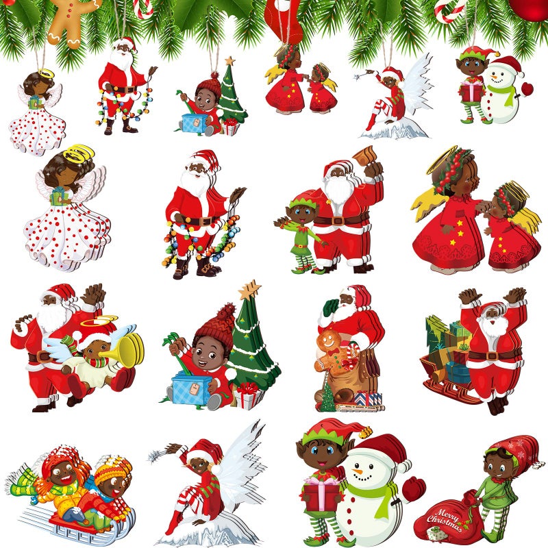 Woanger 36 Pcs African American Christmas Decorations 4 Inch Black Wood Santa Christmas Tree Ornaments Vintage Hanging Wooden Santa Rustic Ornament for Xmas Party Decor - Image 2