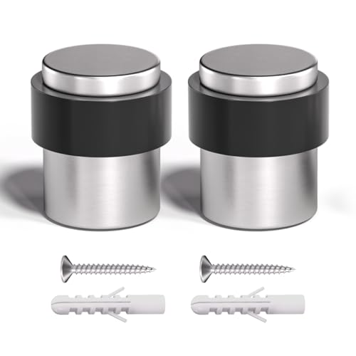 SANATO Nickel Cylindrical Floor Mounted Stainless Steel 304 Door Stop Door Stopper with Black Rubber, 2 Pack - Image 1