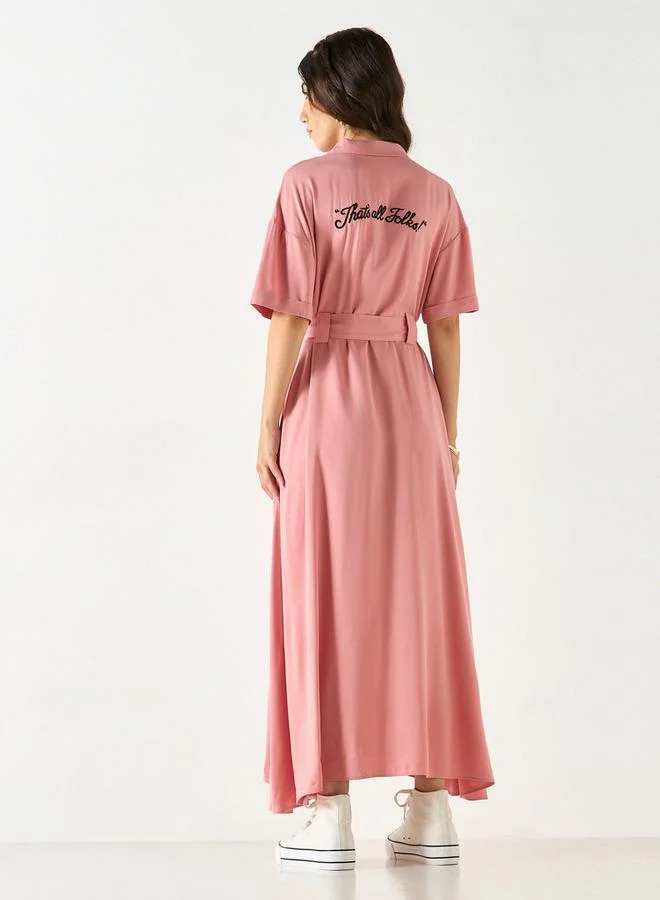 SP Characters Lola Bunny Embroidered Shirt Dress with Notch Collar and Tie-Up Belt