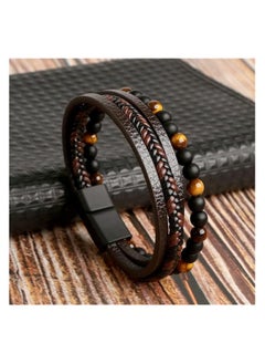 MARIO DRAFTS Men's Leather Bracelet with Tiger Eye Beads, Multi-Strand Design, Brown and Black  - Image 1