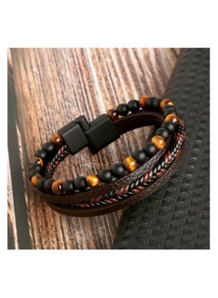 MARIO DRAFTS Men's Leather Bracelet with Tiger Eye Beads, Multi-Strand Design, Brown and Black  - Image 2