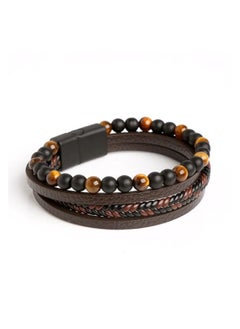 MARIO DRAFTS Men's Leather Bracelet with Tiger Eye Beads, Multi-Strand Design, Brown and Black  - Image 3