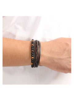 MARIO DRAFTS Men's Leather Bracelet with Tiger Eye Beads, Multi-Strand Design, Brown and Black  - Image 5