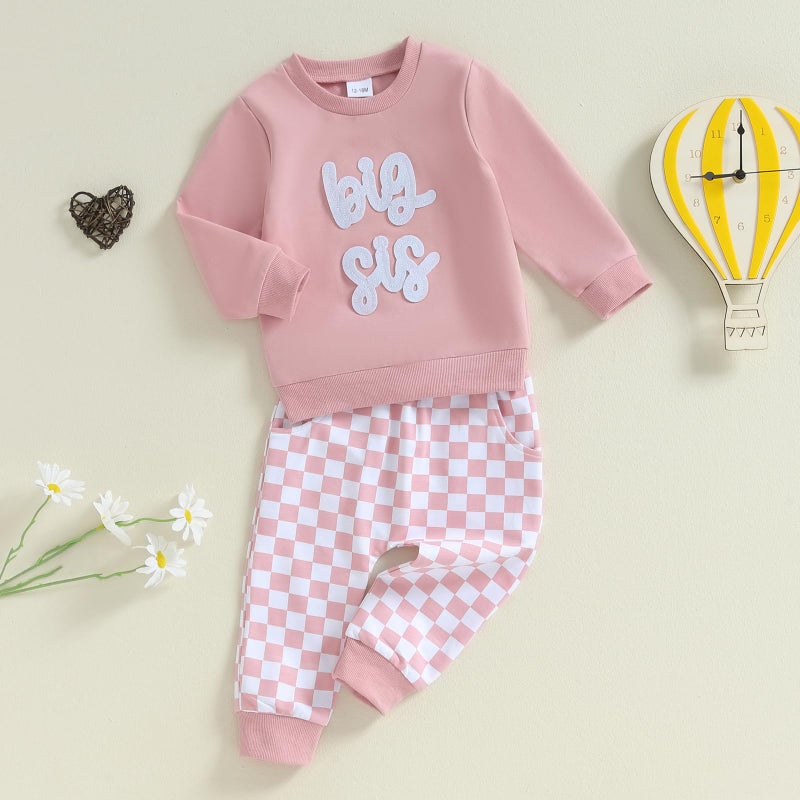Bonangber Big Sister Little Sister Matching Outfits Fall Winetr Outfits Crewneck Sweatshirt Plaid Pants Set Big Sister Outfit(B-Pink,2-3T) - Image 5