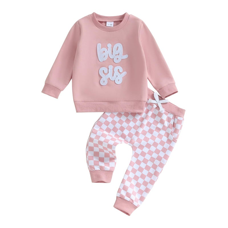 Bonangber Big Sister Little Sister Matching Outfits Fall Winetr Outfits Crewneck Sweatshirt Plaid Pants Set Big Sister Outfit(B-Pink,2-3T) - Image 1