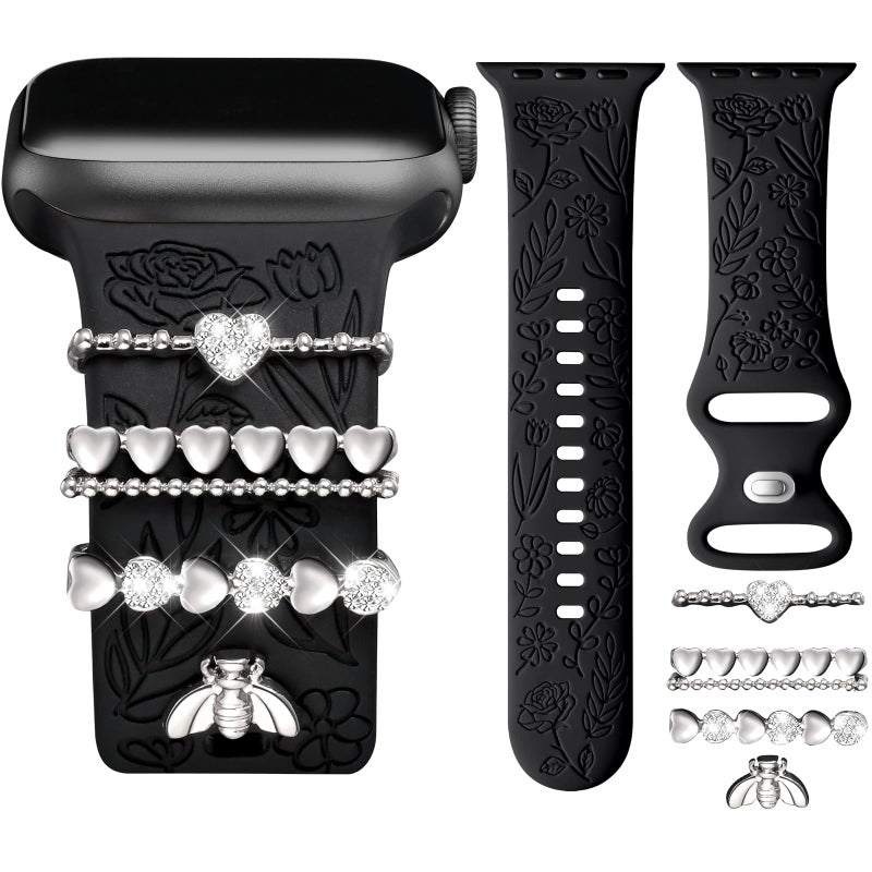 NALACAL Flower Engraved Soft Silicone Band Compatible with Apple Watch 38/40/41/42/44/45/49mm, Decorative Strap with Charms for iWatch Series 10–1 SE – Black - Image 2