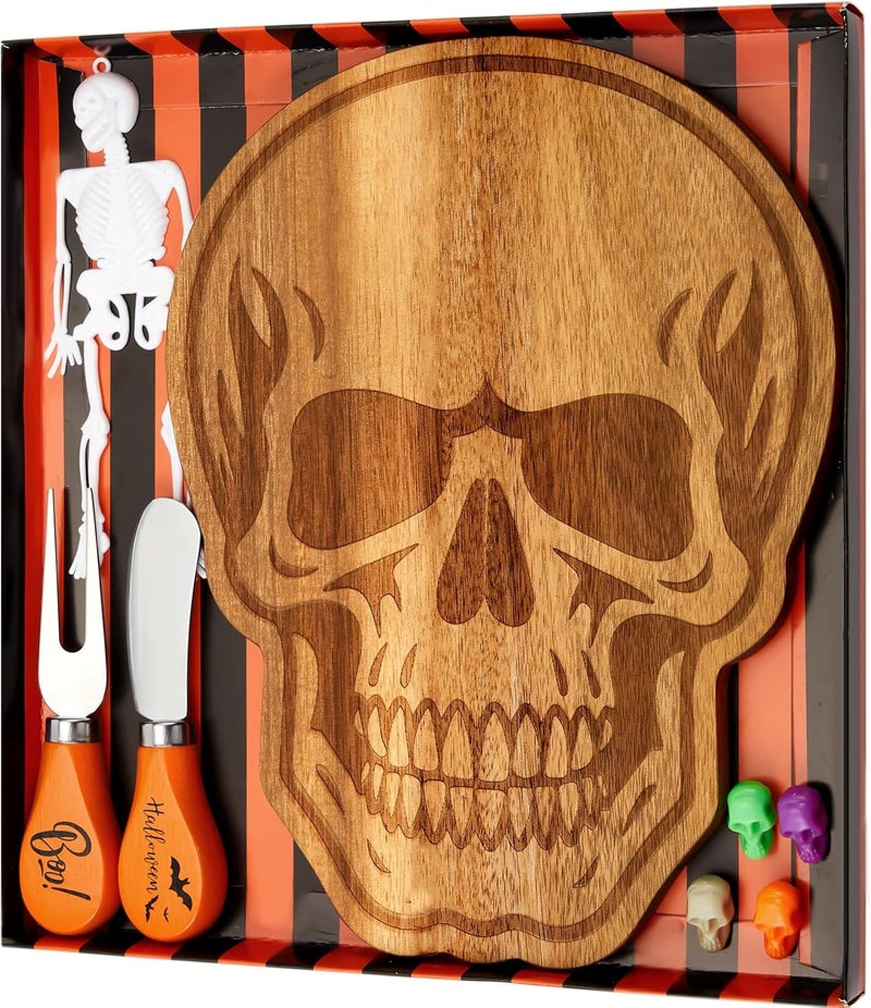 Ziliny Halloween Cheese Board Set Mini Skeleton Cheese Skull Shaped Cutting Charcuterie Board Acacia Wood Serving Tray with Knife Fork Tag Box for Party Gift Tabletop Decoration - Image 1