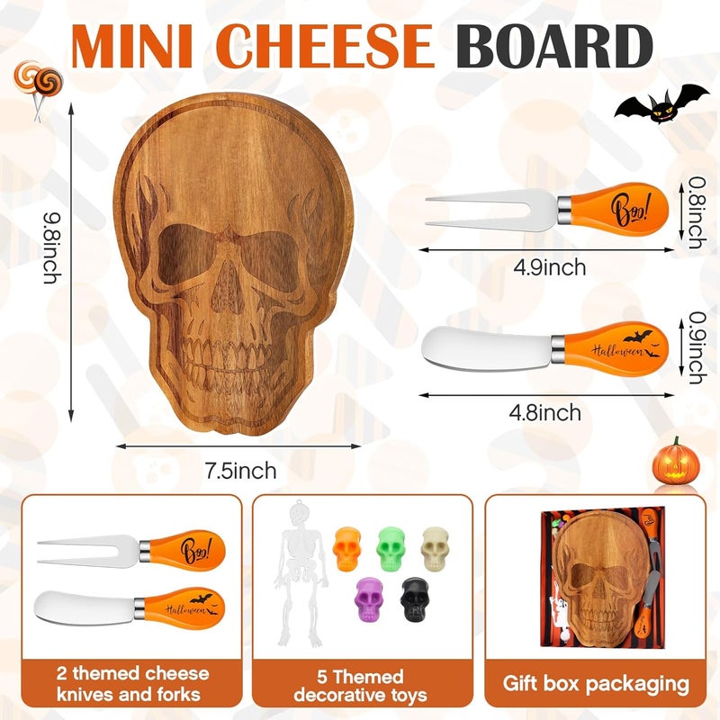 Ziliny Halloween Cheese Board Set Mini Skeleton Cheese Skull Shaped Cutting Charcuterie Board Acacia Wood Serving Tray with Knife Fork Tag Box for Party Gift Tabletop Decoration - Image 2