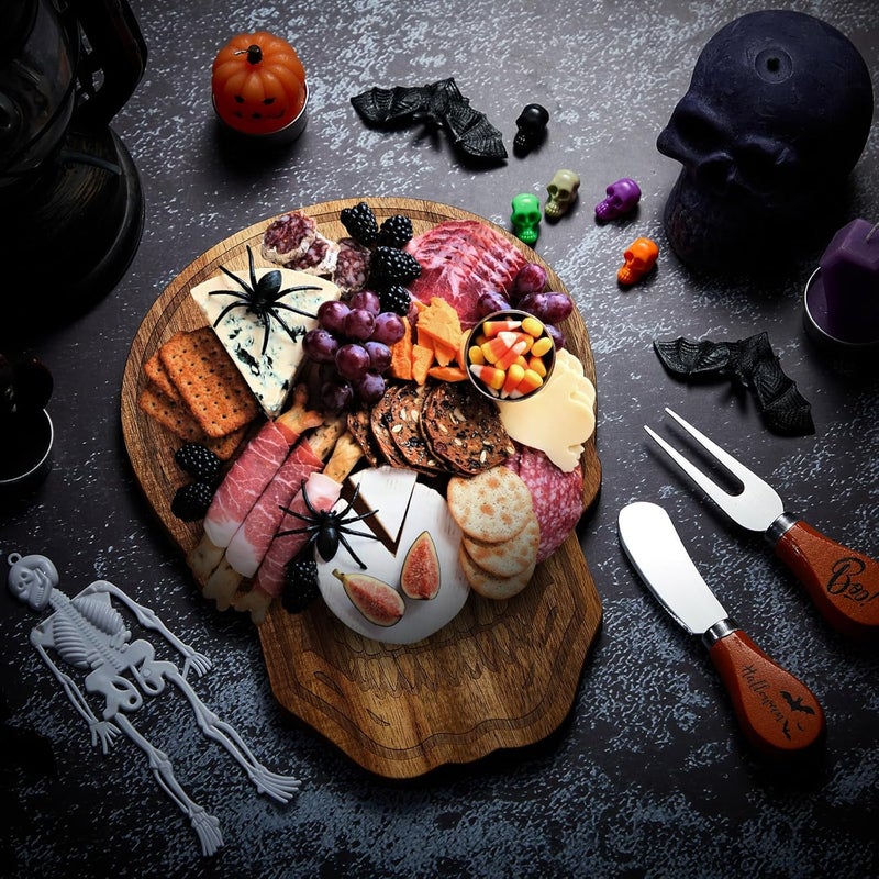Ziliny Halloween Cheese Board Set Mini Skeleton Cheese Skull Shaped Cutting Charcuterie Board Acacia Wood Serving Tray with Knife Fork Tag Box for Party Gift Tabletop Decoration - Image 4