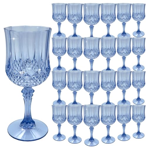 LEYIQU Plastic Wine Glasses，Plastic Goblets Vintage Style Cordial Drinking Glasses for Wedding Reception, Grand Event Party Supplies (24, Blue) - Image 1