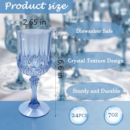 LEYIQU Plastic Wine Glasses，Plastic Goblets Vintage Style Cordial Drinking Glasses for Wedding Reception, Grand Event Party Supplies (24, Blue) - Image 2