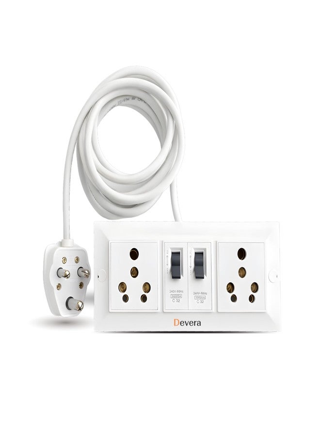 Devera 16A Extension Board with 2 Sockets, 2 MCB Switches, 16A 3 Pin Plug, 2.5 Sq Mm 3 Core Cable, Heavy Duty Power Strip for AC Fridge Microwave, White, (3 Meter) - Image 1