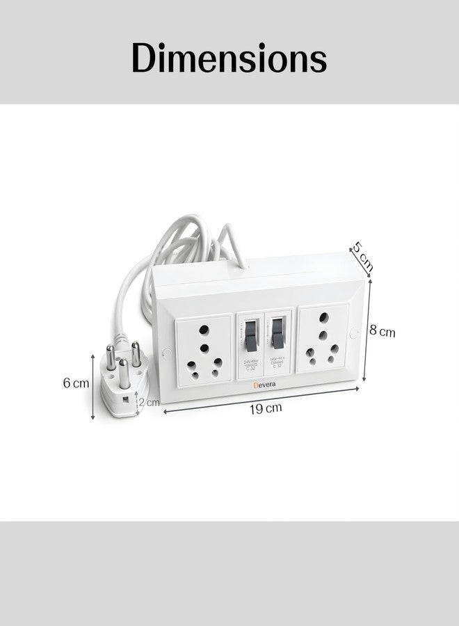 Devera 16A Extension Board with 2 Sockets, 2 MCB Switches, 16A 3 Pin Plug, 2.5 Sq Mm 3 Core Cable, Heavy Duty Power Strip for AC Fridge Microwave, White, (3 Meter) - Image 2