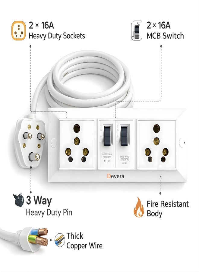 Devera 16A Extension Board with 2 Sockets, 2 MCB Switches, 16A 3 Pin Plug, 2.5 Sq Mm 3 Core Cable, Heavy Duty Power Strip for AC Fridge Microwave, White, (3 Meter) - Image 5