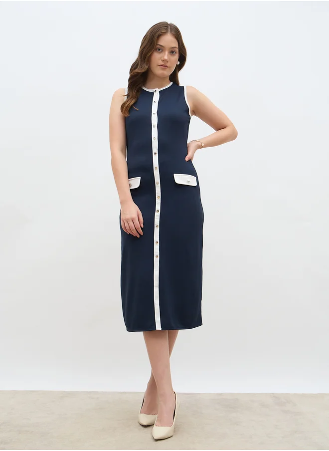 ستايلي Styli Women Navy Blue Contrast Trim Sleeveless Sheath Midi Dress with Button Front