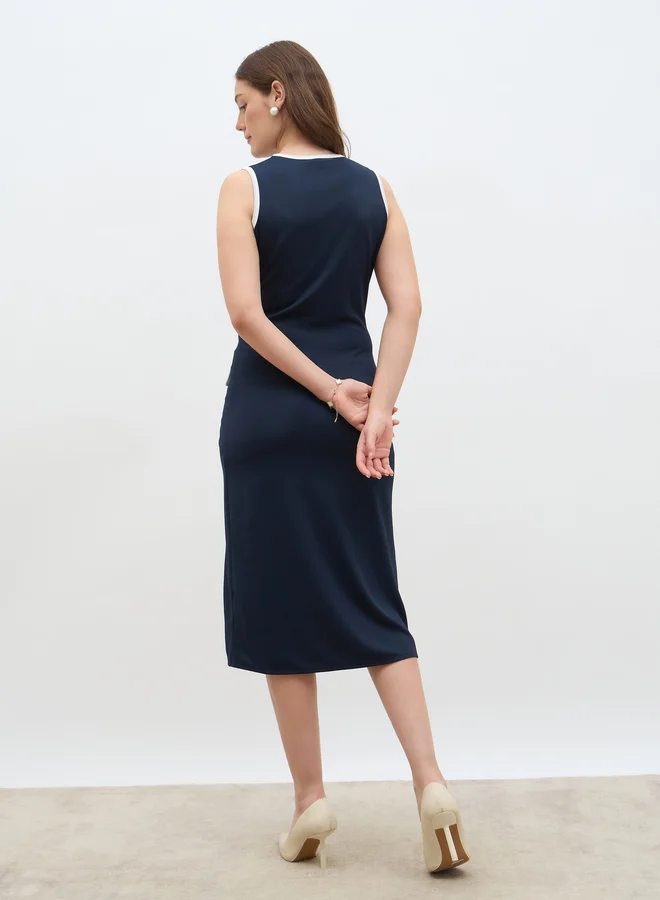 Styli Styli Women Navy Blue Contrast Trim Sleeveless Sheath Midi Dress with Button Front