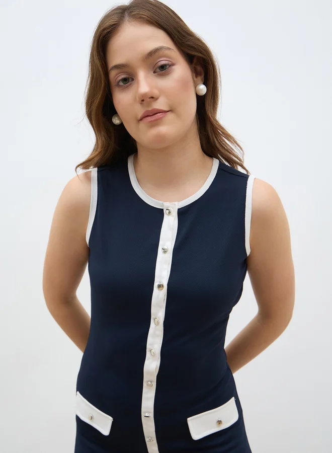 Styli Styli Women Navy Blue Contrast Trim Sleeveless Sheath Midi Dress with Button Front