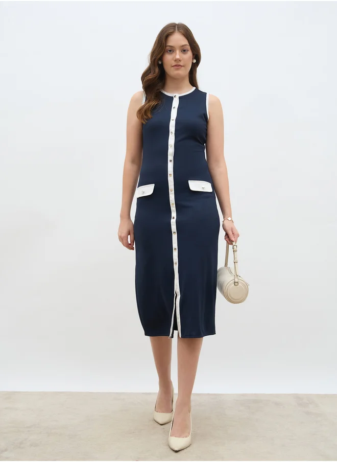 ستايلي Styli Women Navy Blue Contrast Trim Sleeveless Sheath Midi Dress with Button Front