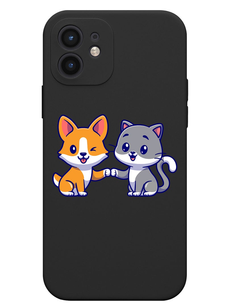 Theodor Protective Slim Fit Case Liquid Silicone Cover with Full Body Protection Anti-Scratch Shockproof Case For iPhone 12 Black  - Cat Halloween with broom - Image 1