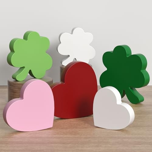 Tovwei Valentine's Day/St. Patrick's Day Decorations Tiered Tray Decor, 6 Pcs Heart and Shamrock Wooden Signs Table Decor for Home Kitchen Office - Image 1