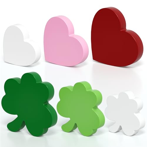 Tovwei Valentine's Day/St. Patrick's Day Decorations Tiered Tray Decor, 6 Pcs Heart and Shamrock Wooden Signs Table Decor for Home Kitchen Office - Image 2