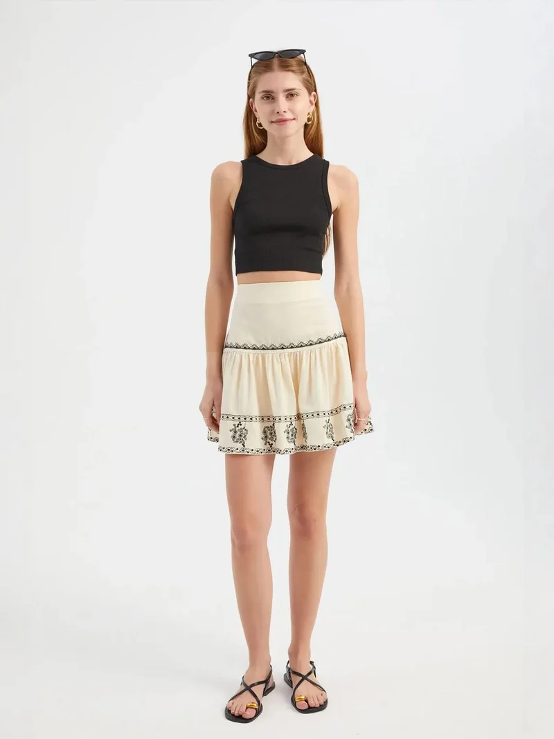 HICCUP Embroidered High Waist Frilled Mini Skirt
