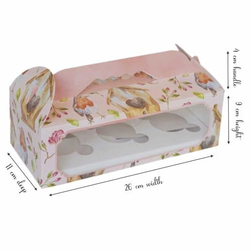 Chic a Choc 3 Cupcake Box with Window, (Pack of 8) Pink Birdhouse Floral Design. Fits 3 Jars, Loaf Cakes, Small Bread - Image 3