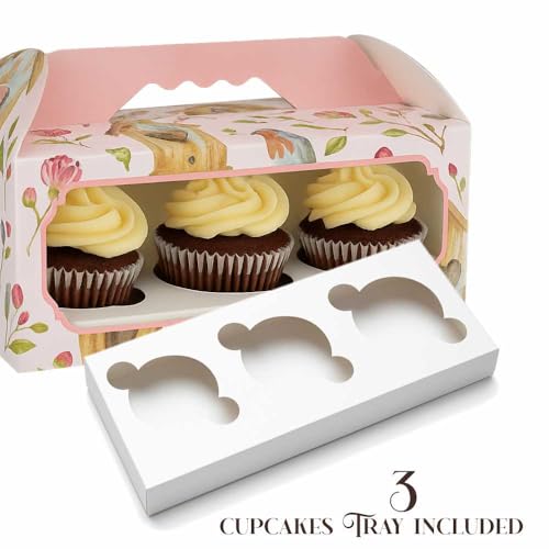 Chic a Choc 3 Cupcake Box with Window, (Pack of 8) Pink Birdhouse Floral Design. Fits 3 Jars, Loaf Cakes, Small Bread - Image 4